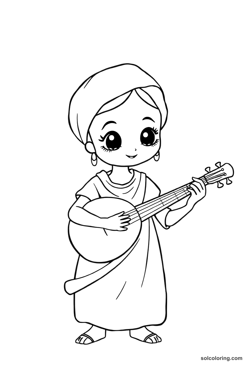 Cute Cartoon The clever slave girl playing the lute coloring page, free printable cute cartoon style