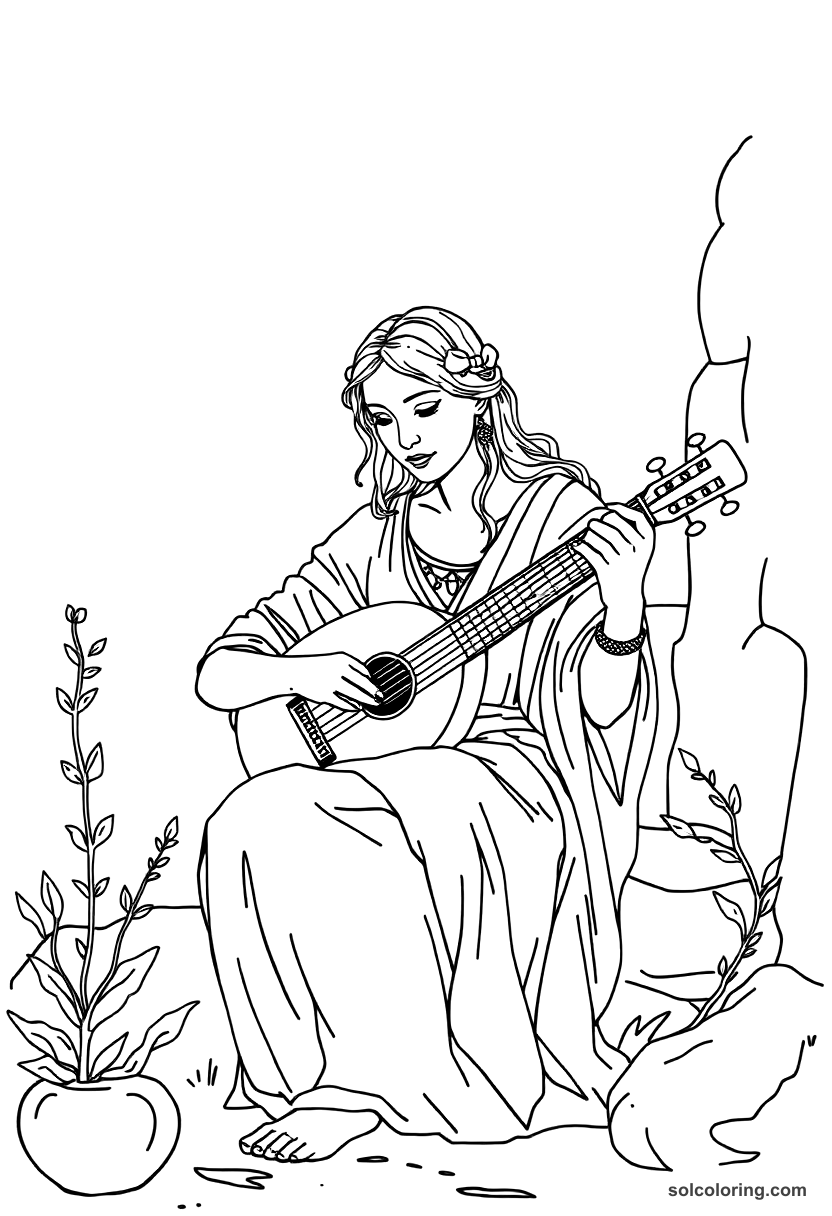 The clever slave girl playing the lute coloring page, free printable detailed style