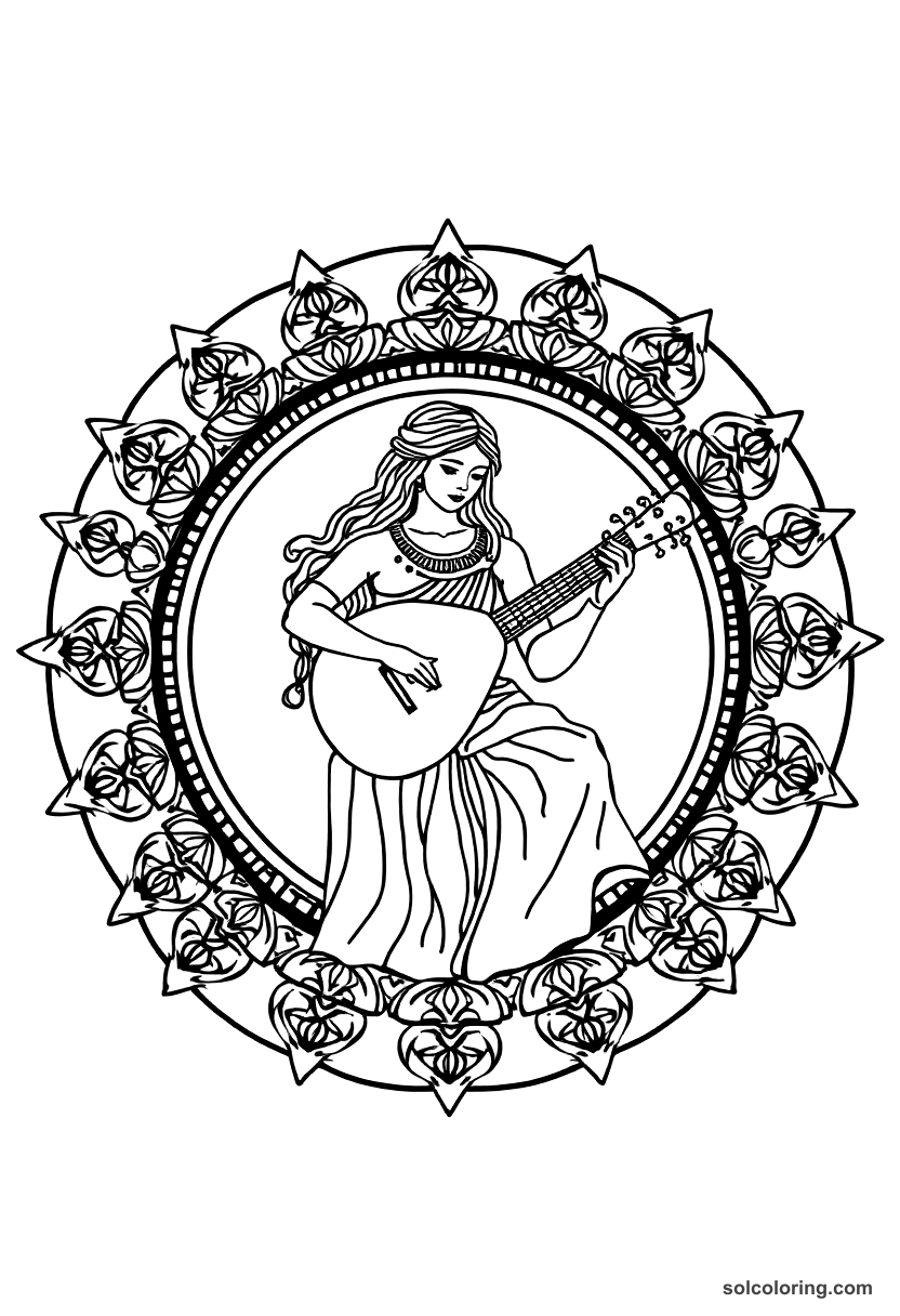 Mandala The clever slave girl playing the lute coloring page, free printable mandala style