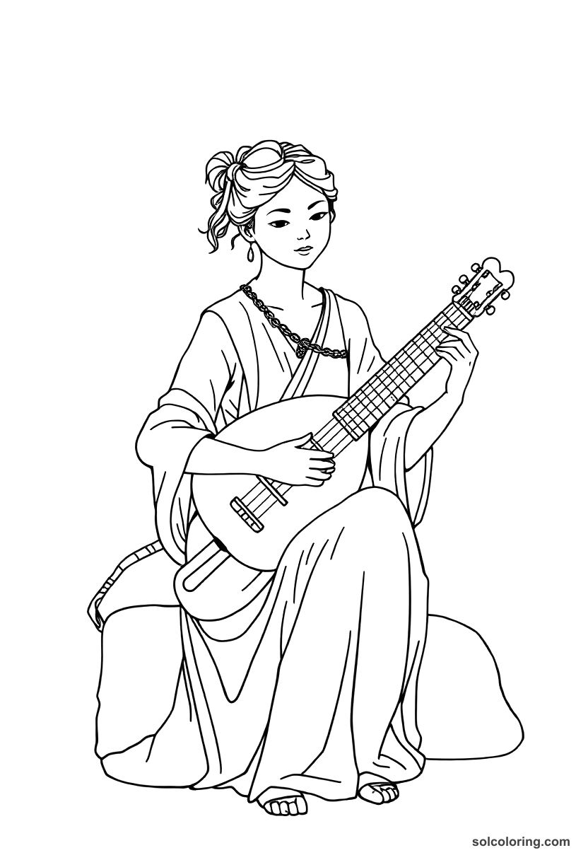 The Clever Slave Girl Playing The Lute coloring pages