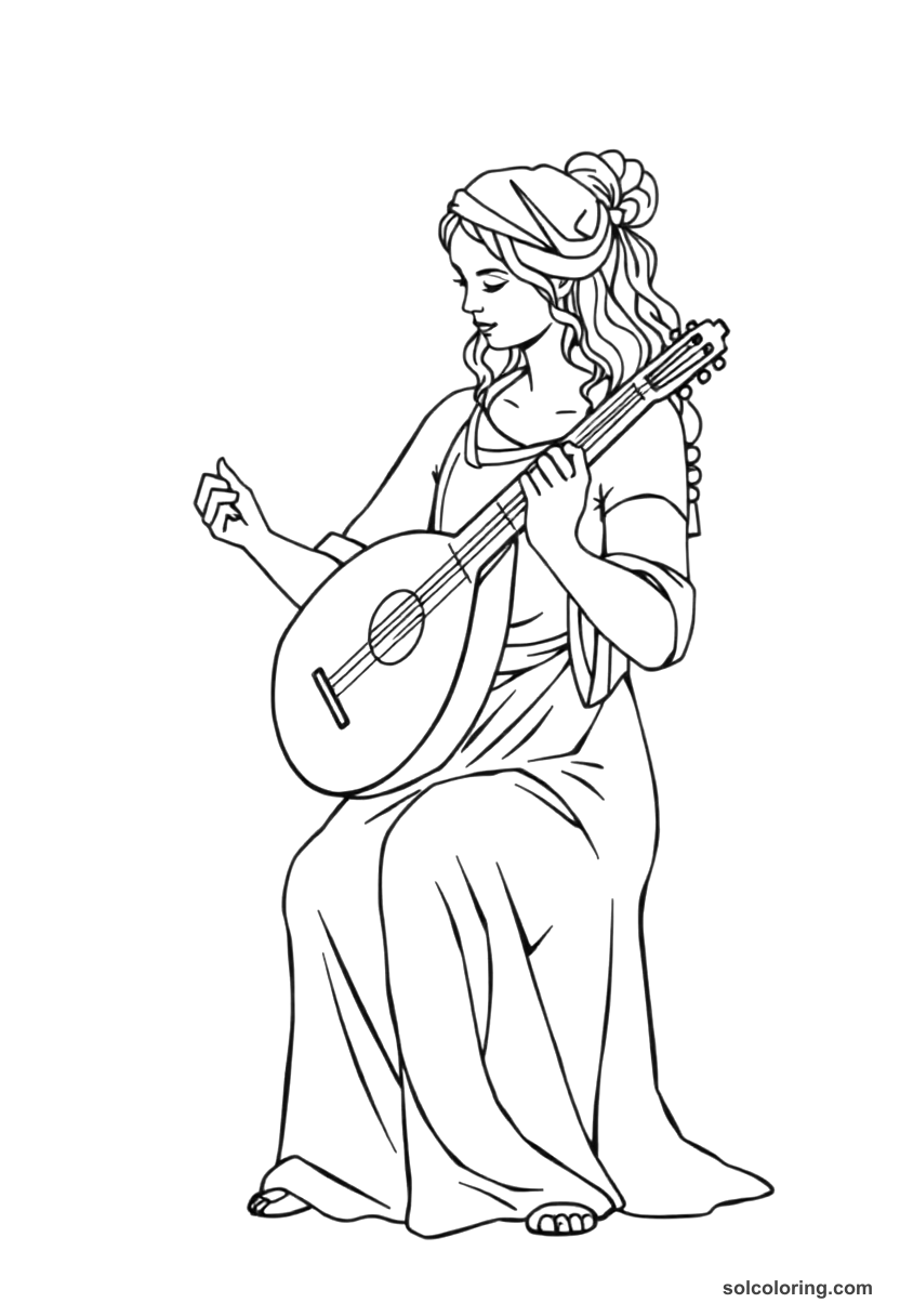 Simple The clever slave girl playing the lute coloring page, free printable simple style