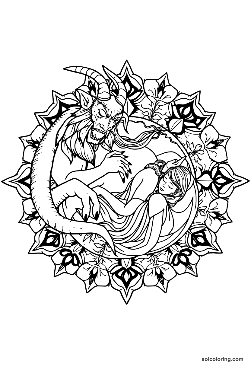 Mandala The demon sleeping with a chest of women coloring page, free printable mandala style