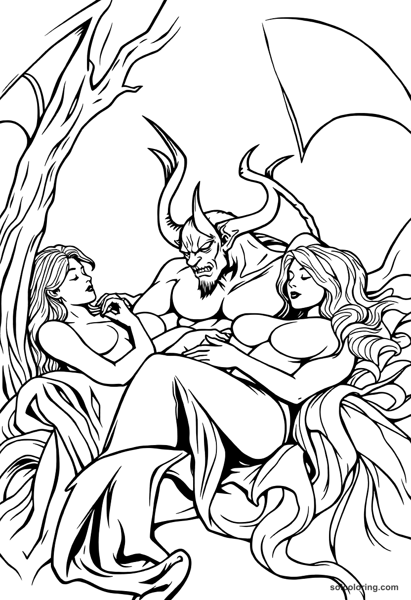 The Demon Sleeping With A Chest Of Women coloring pages