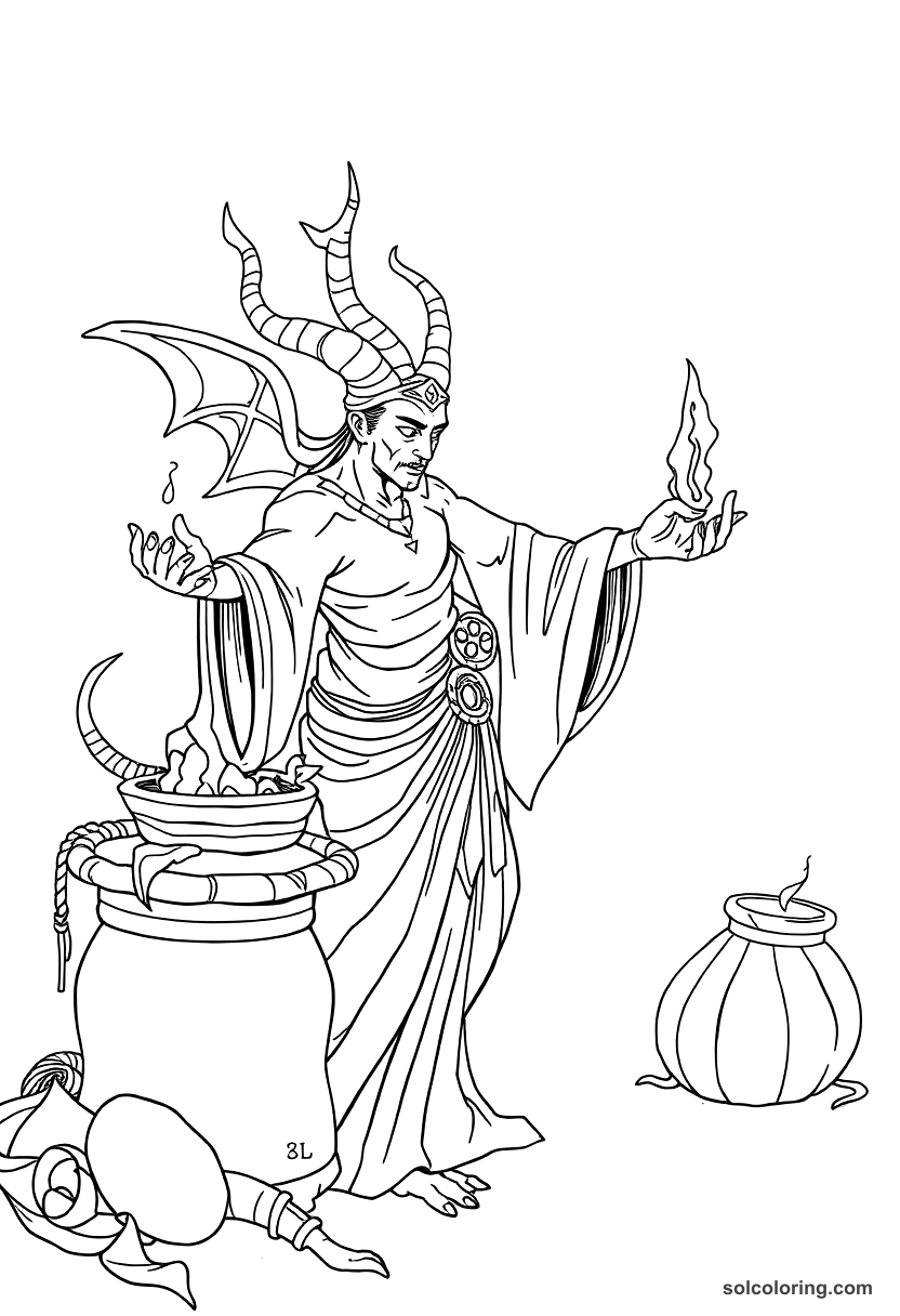 The djinn demanding the merchant's life in one year coloring page, free printable detailed style