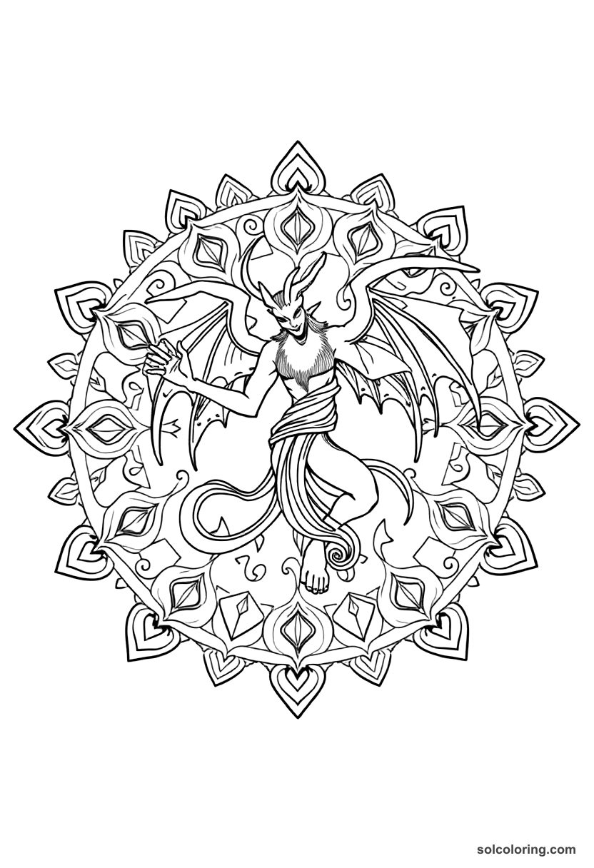 Mandala The djinn demanding the merchant's life in one year coloring page, free printable mandala style