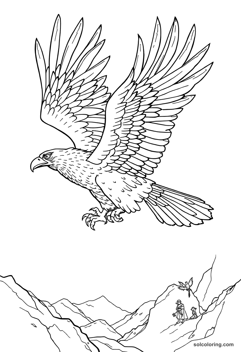 The eagle carrying Sinbad from the valley coloring page, free printable detailed style