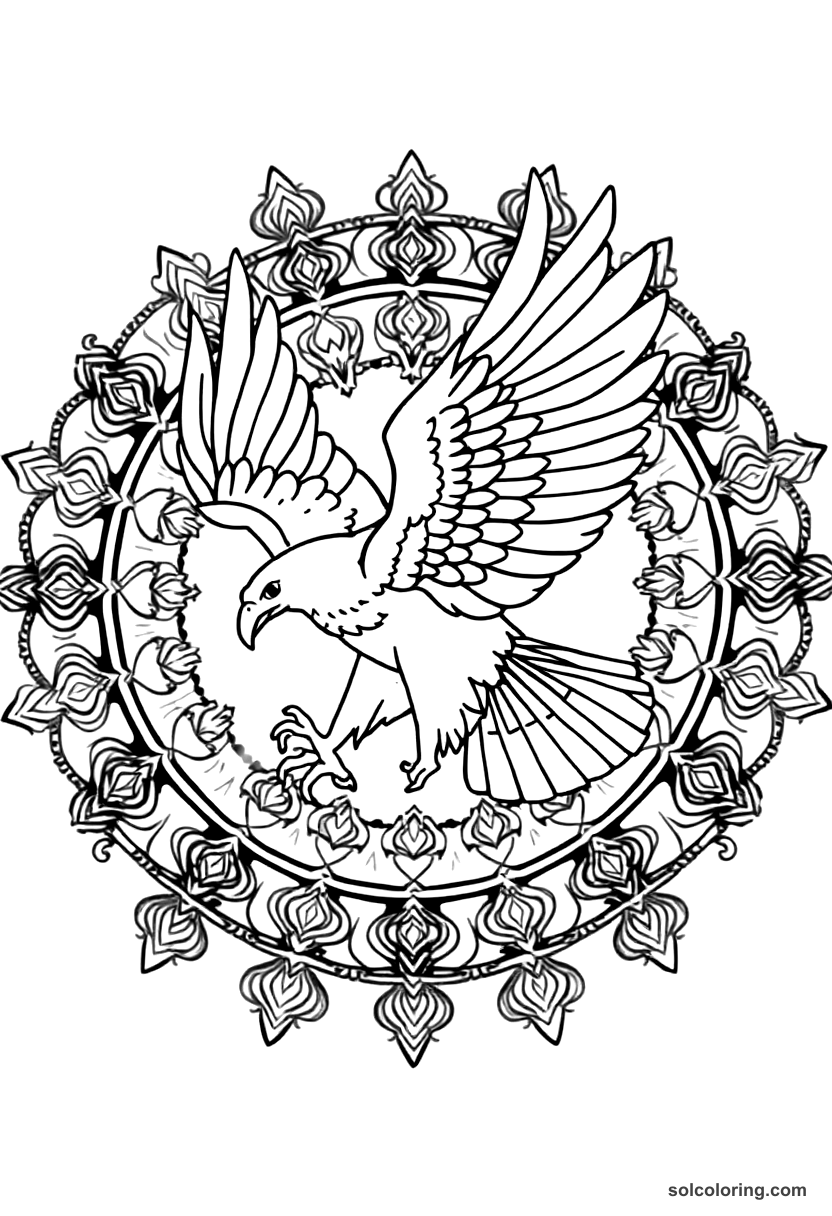 Mandala The eagle carrying Sinbad from the valley coloring page, free printable mandala style