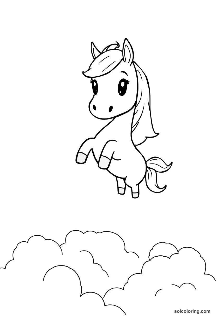 Chibi The ebony horse flying above the clouds coloring page, free printable chibi style