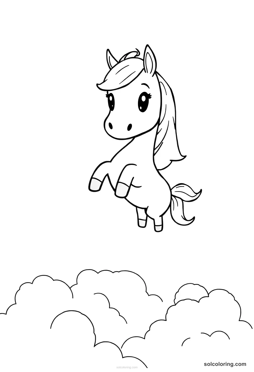 Chibi The ebony horse flying above the clouds chibi coloring page for kids