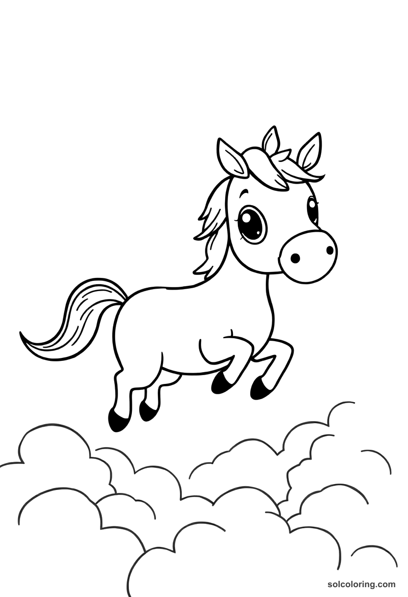 Cute Cartoon The ebony horse flying above the clouds coloring page, free printable cute cartoon style