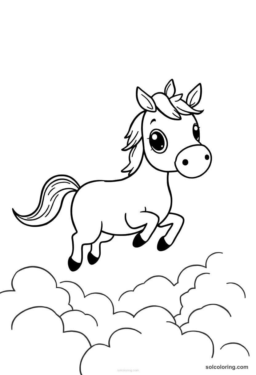 Cute Cartoon The ebony horse flying above the clouds cute cartoon coloring page for kids