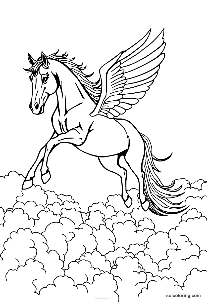 The ebony horse flying above the clouds detailed coloring page for kids