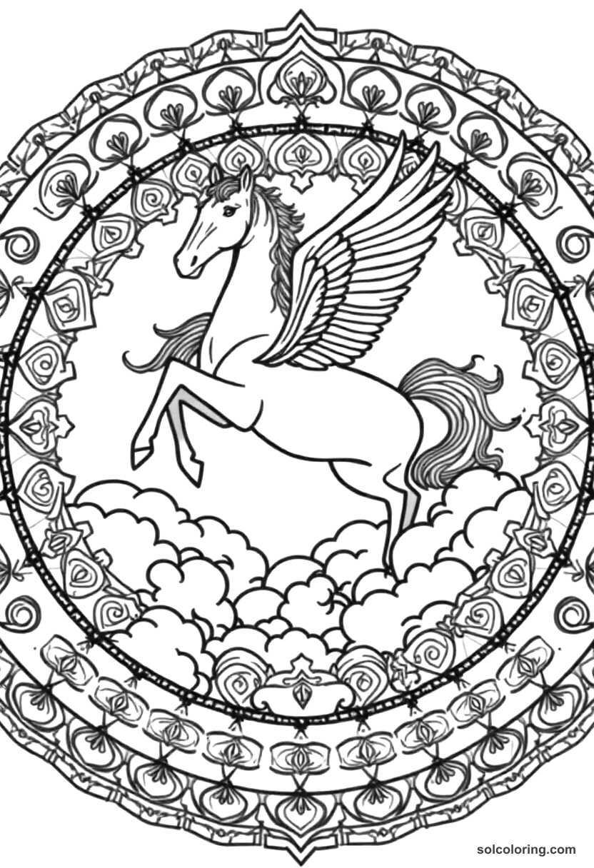 Mandala The ebony horse flying above the clouds coloring page, free printable mandala style