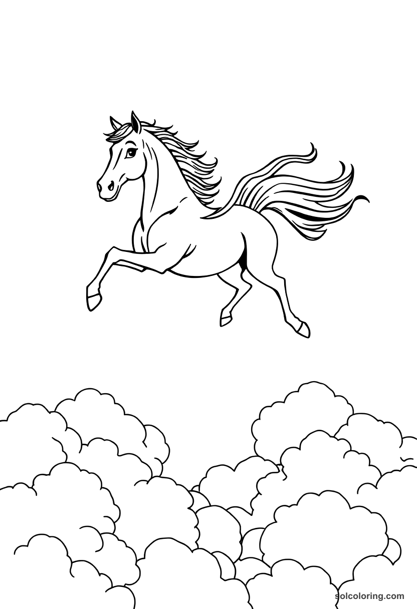 Simple The ebony horse flying above the clouds coloring page, free printable simple style