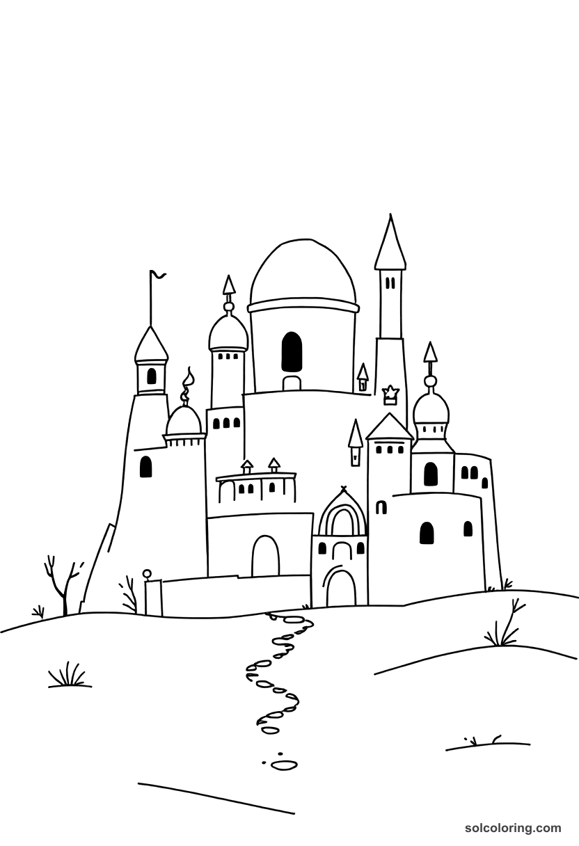 Cute Cartoon The enchanted city of brass rising from the sand coloring page, free printable cute cartoon style