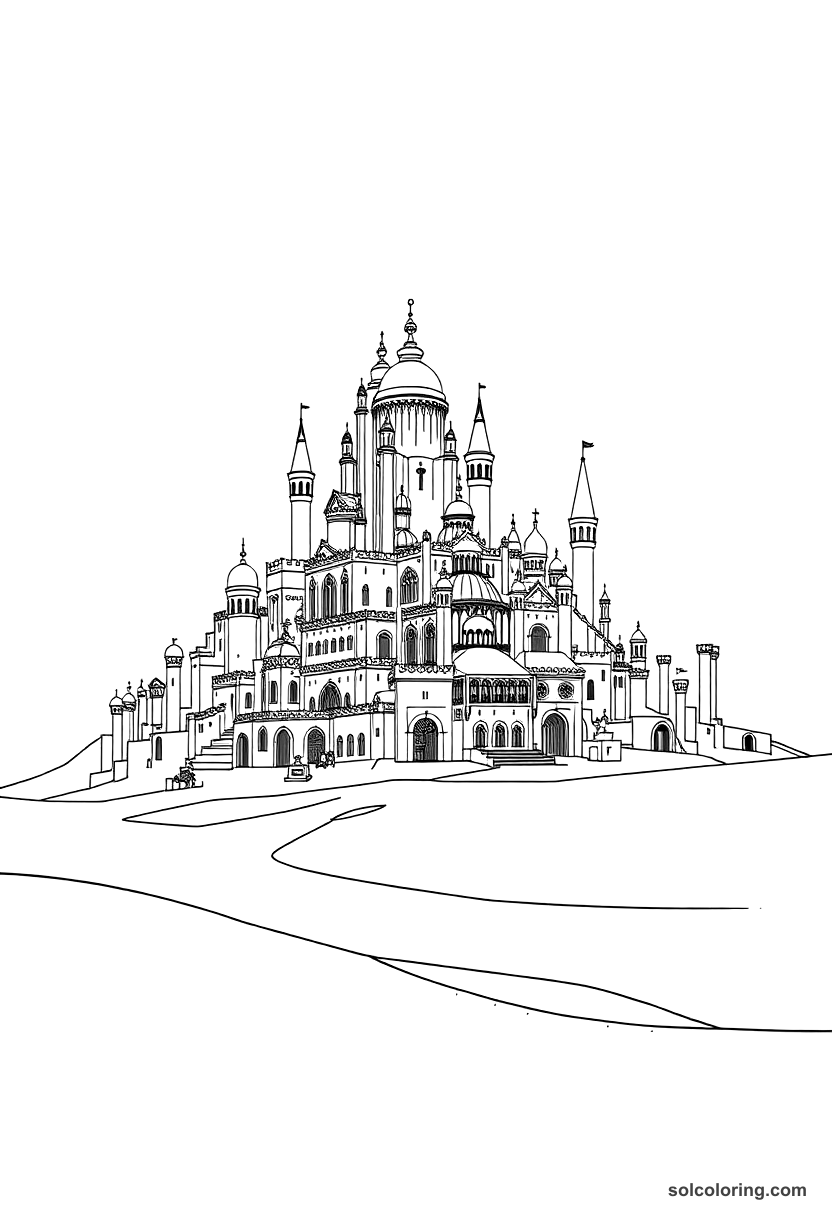 The enchanted city of brass rising from the sand coloring page, free printable detailed style