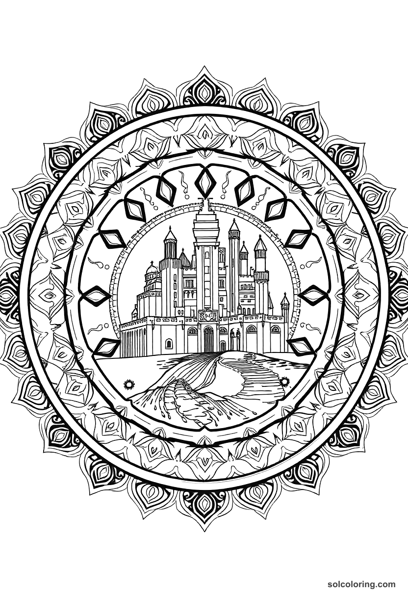Mandala The enchanted city of brass rising from the sand coloring page, free printable mandala style