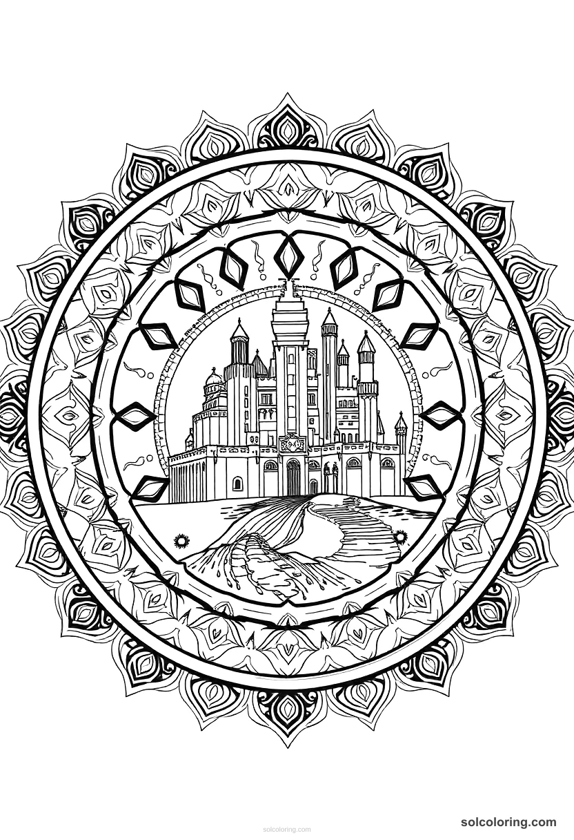 Mandala The enchanted city of brass rising from the sand mandala coloring page for kids