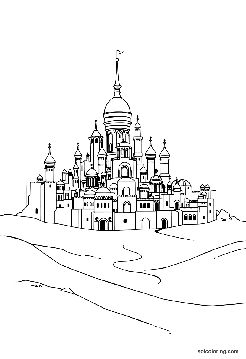 Simple The enchanted city of brass rising from the sand coloring page, free printable simple style