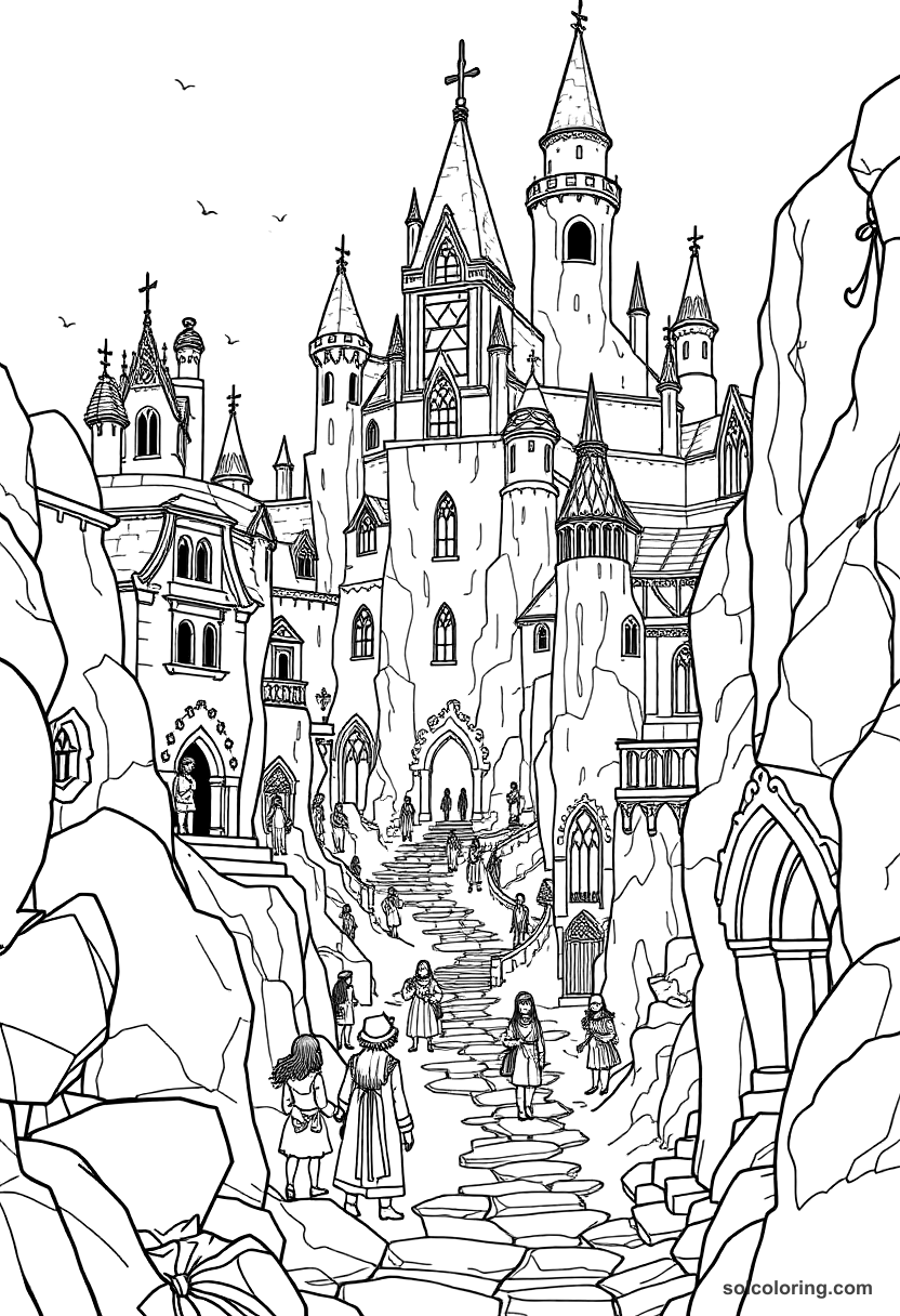 The enchanted city where half the people are stone coloring page, free printable detailed style