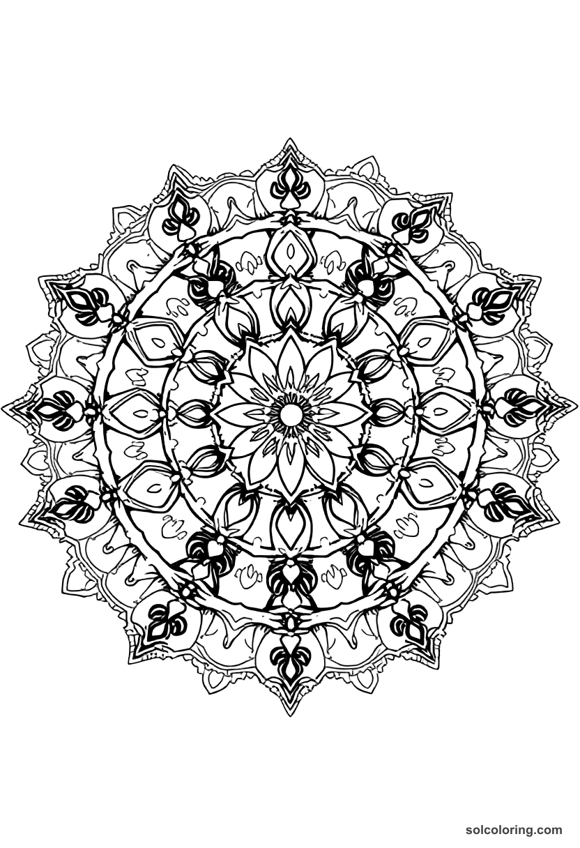Mandala The enchanted city where half the people are stone coloring page, free printable mandala style