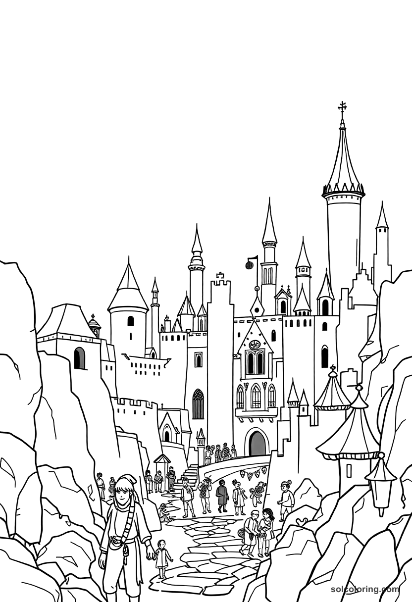 Simple The enchanted city where half the people are stone coloring page, free printable simple style