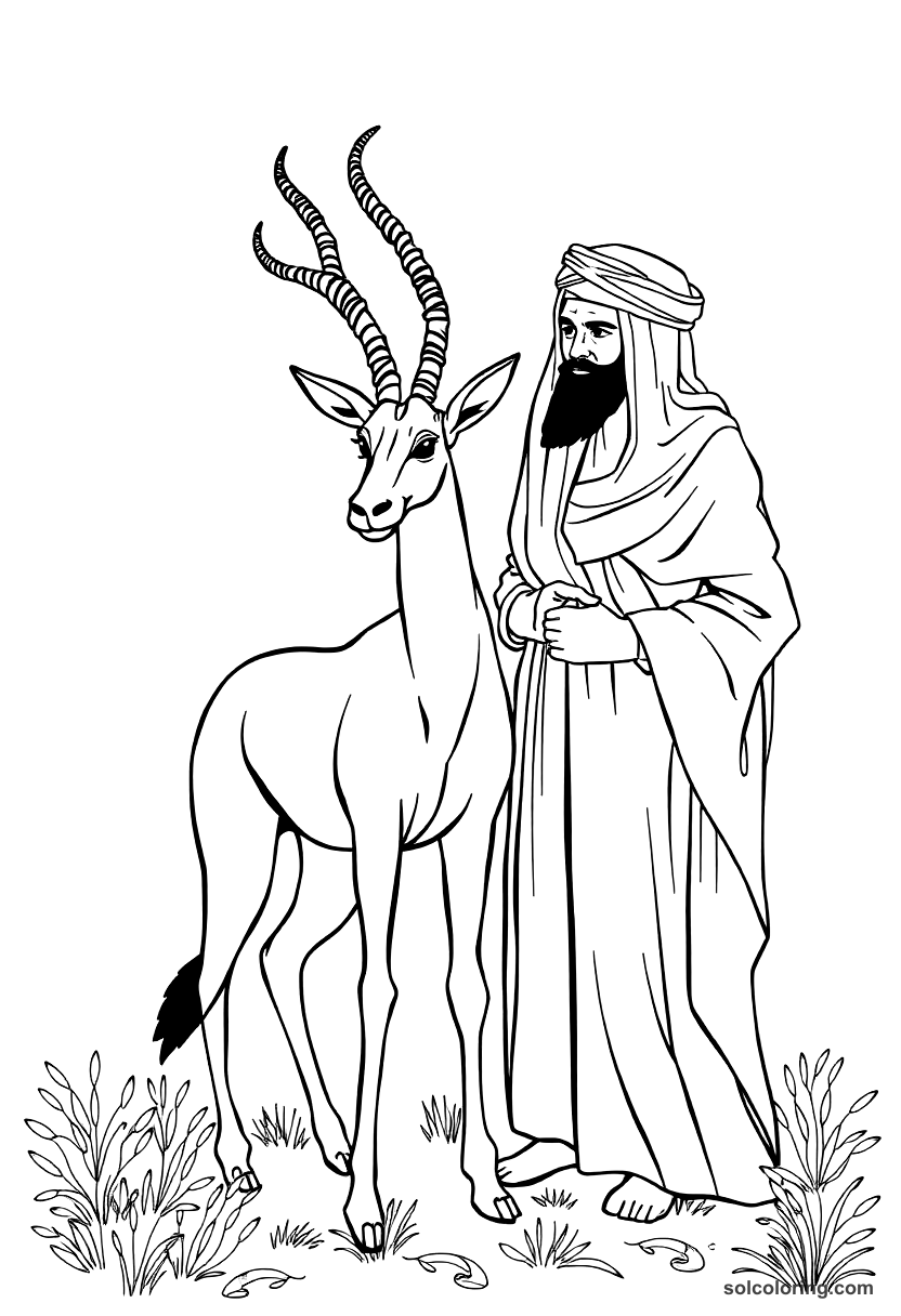 The enchanted gazelle standing beside the sheikh coloring page, free printable detailed style