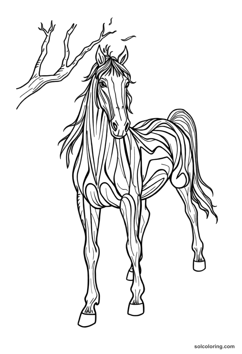 The enchanted horse made of ebony wood coloring page, free printable detailed style
