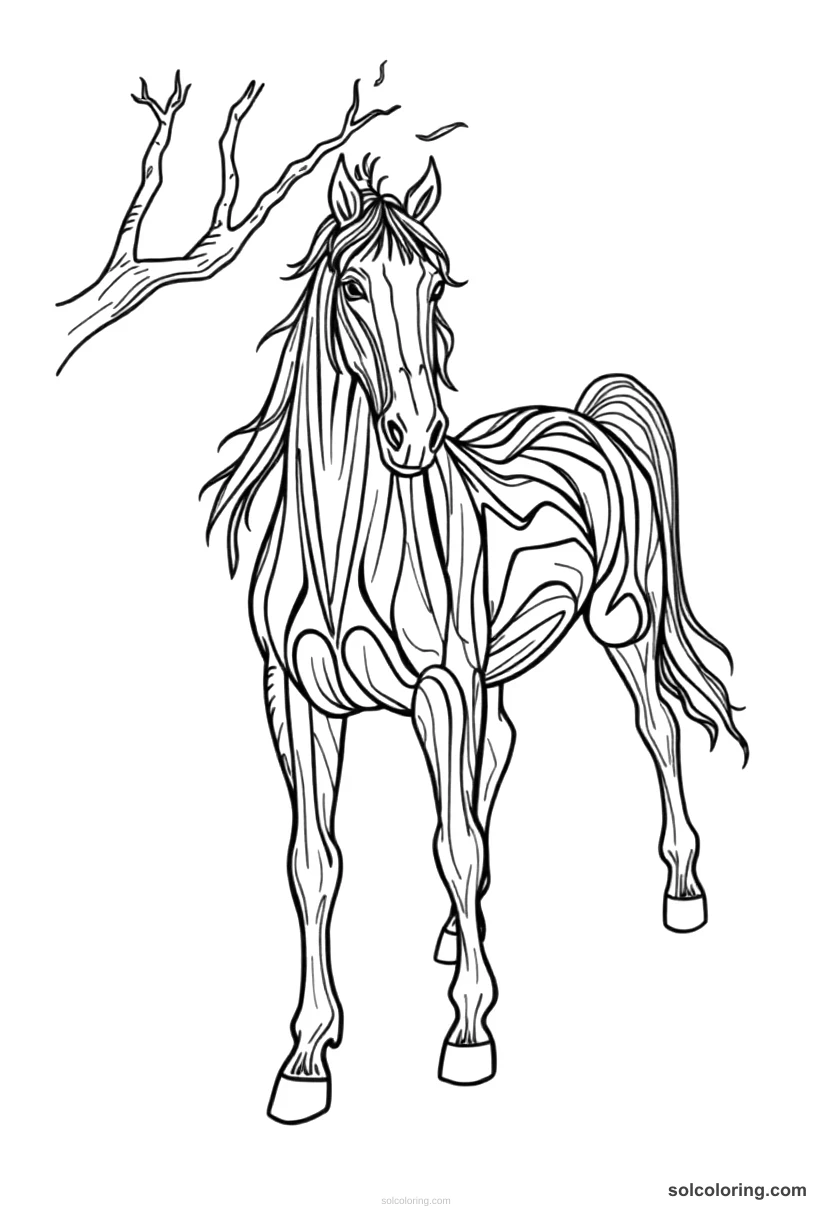 The enchanted horse made of ebony wood detailed coloring page for kids