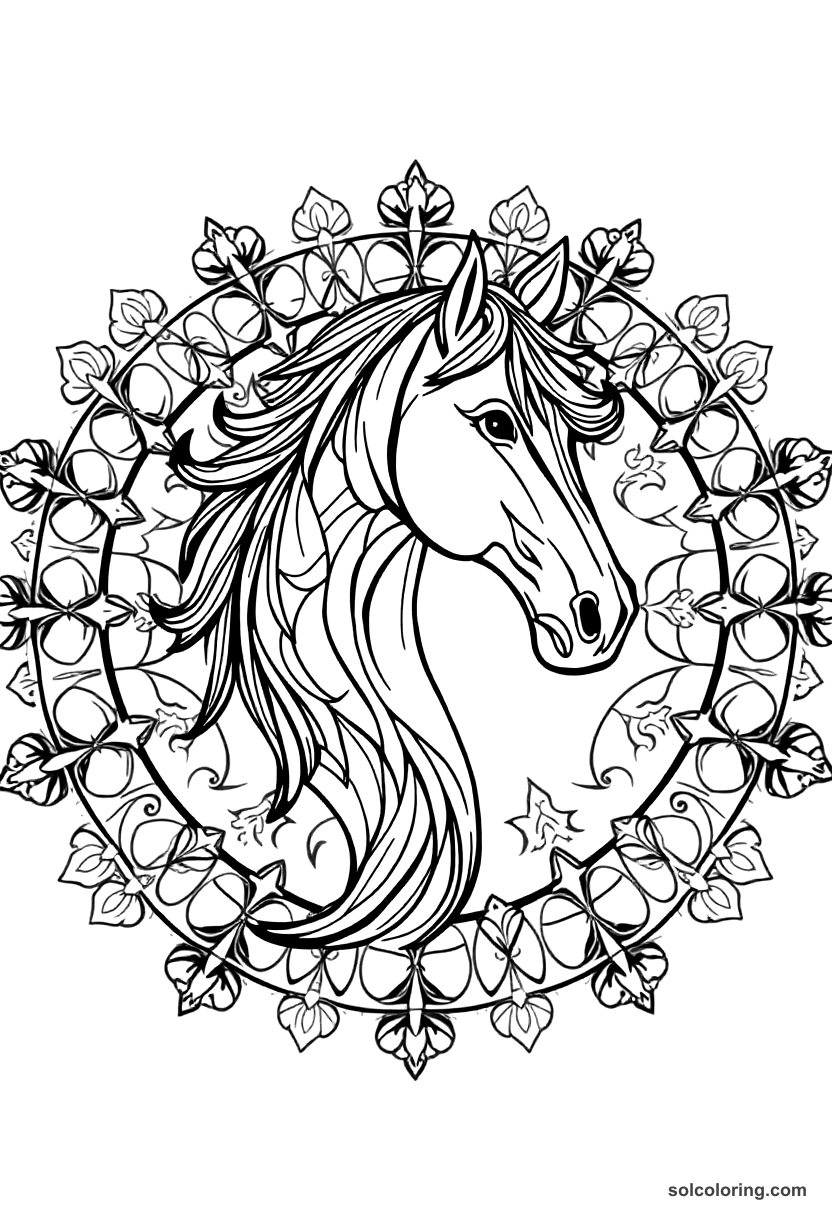 Mandala The enchanted horse made of ebony wood coloring page, free printable mandala style