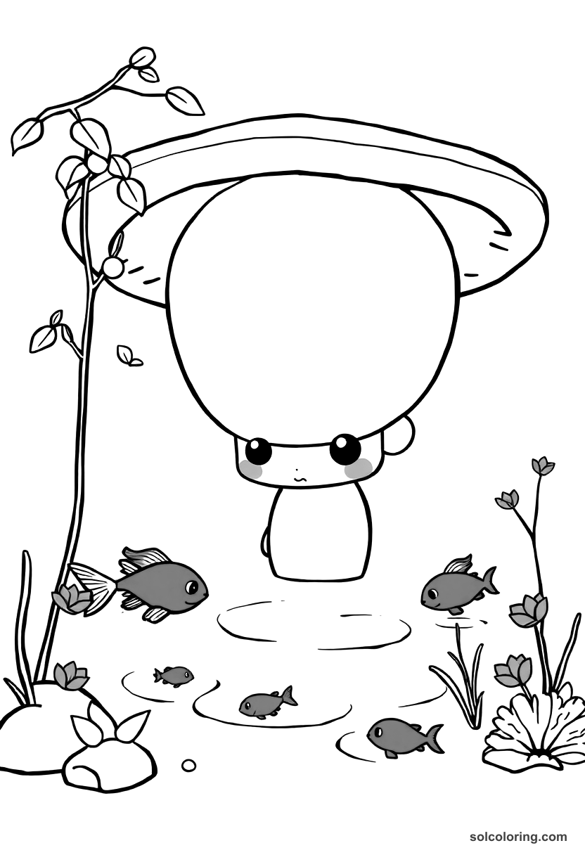 Chibi The enchanted lake where fish are colored red and white coloring page, free printable chibi style