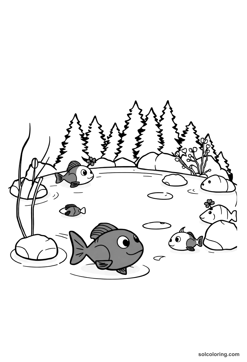 Cute Cartoon The enchanted lake where fish are colored red and white coloring page, free printable cute cartoon style