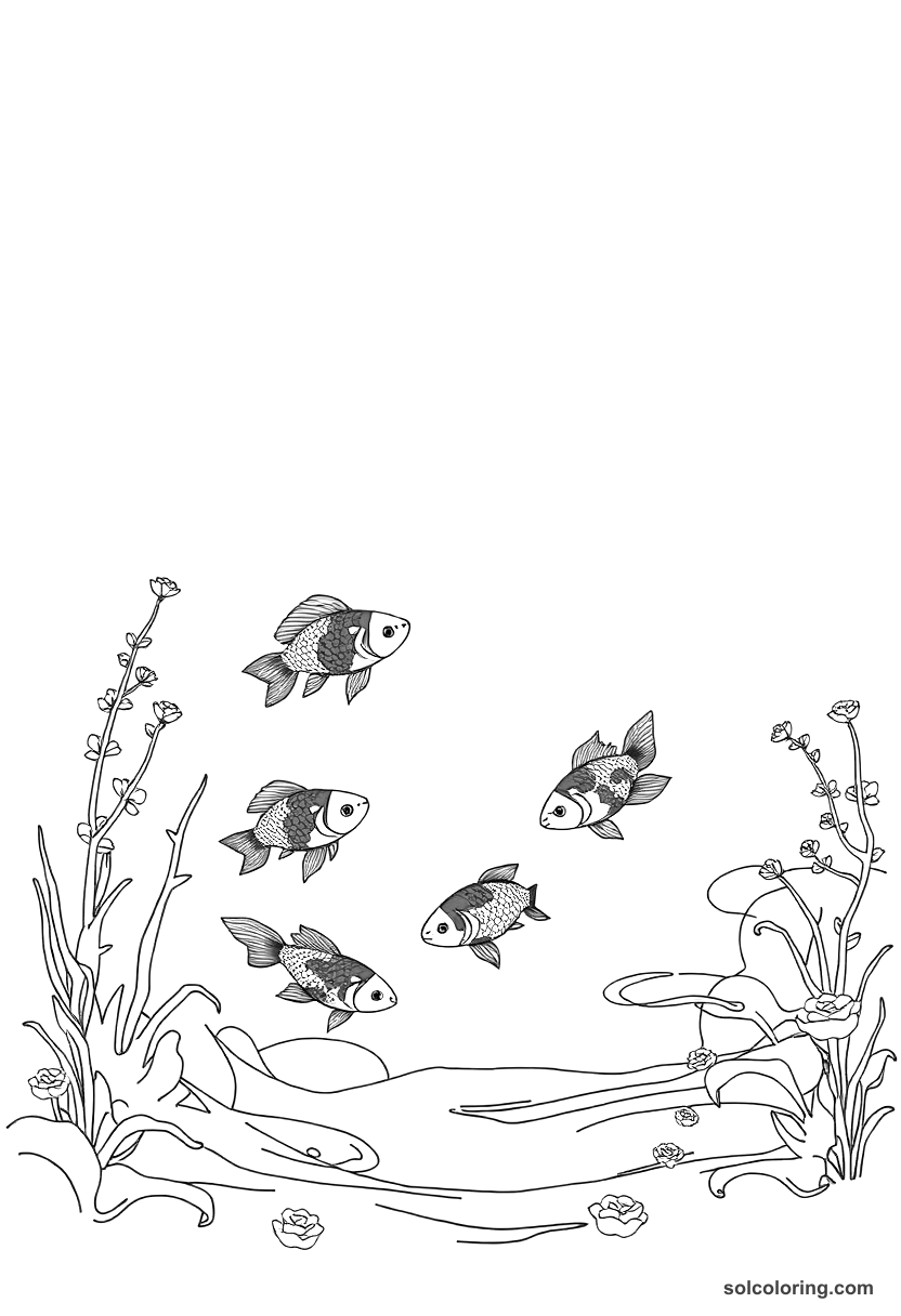 The enchanted lake where fish are colored red and white coloring page, free printable detailed style for kids and adults
