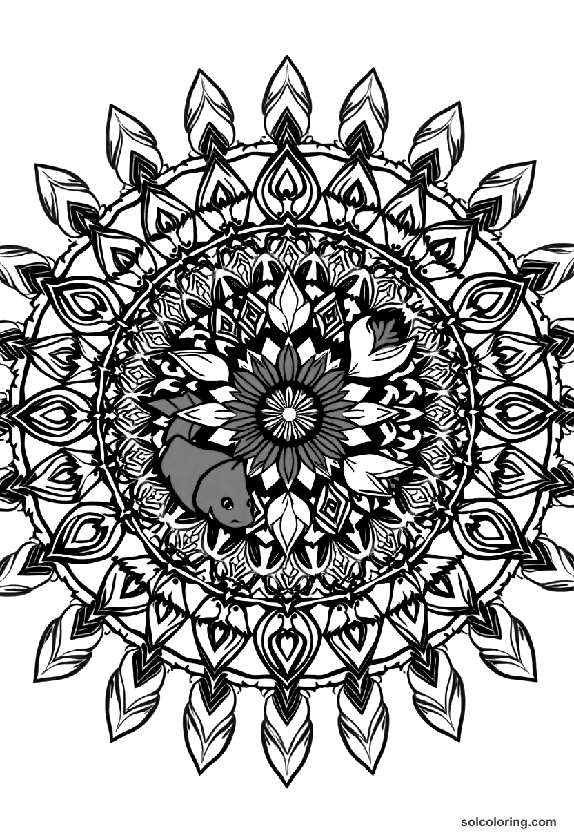 Mandala The enchanted lake where fish are colored red and white coloring page, free printable mandala style