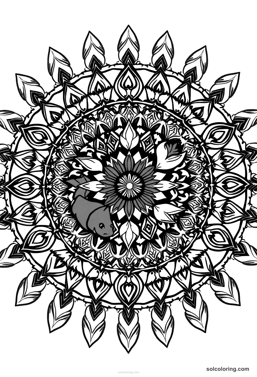Mandala The enchanted lake where fish are colored red and white mandala coloring page for kids