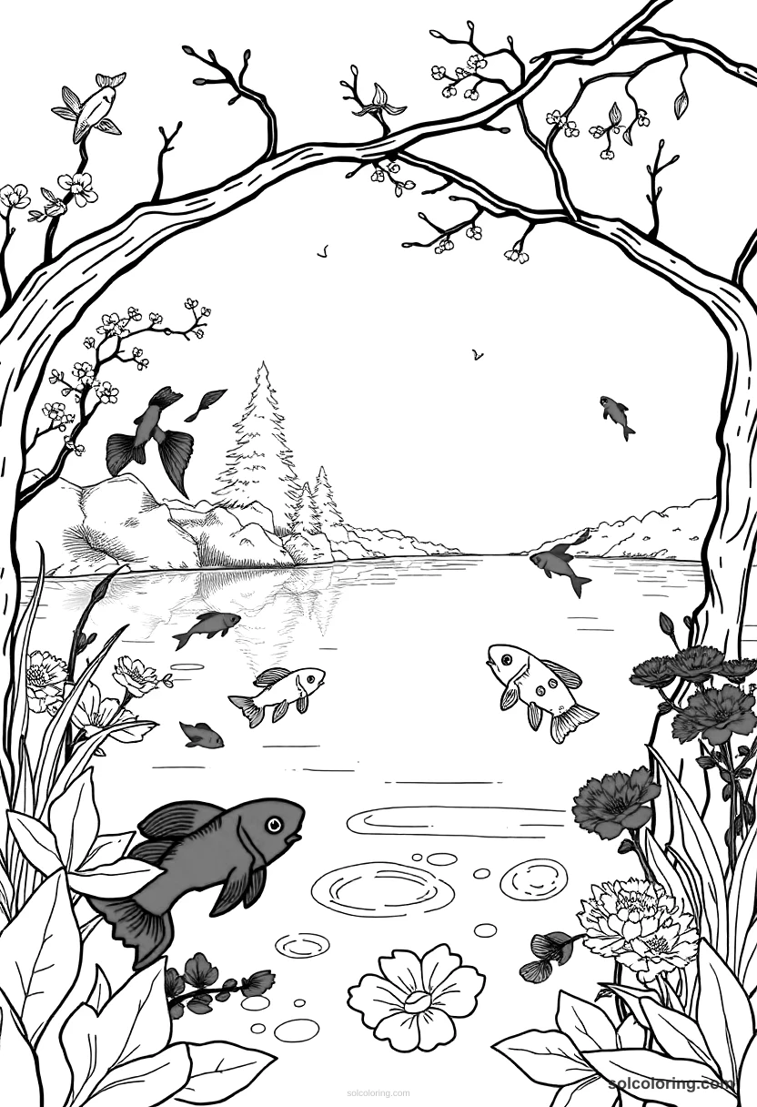 The Enchanted Lake Where Fish Are Colored Red And White coloring pages