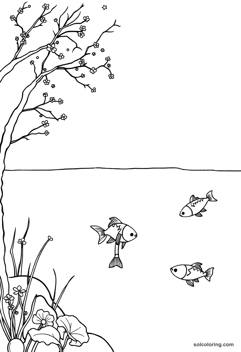 Simple The enchanted lake where fish are colored red and white coloring page, free printable simple style