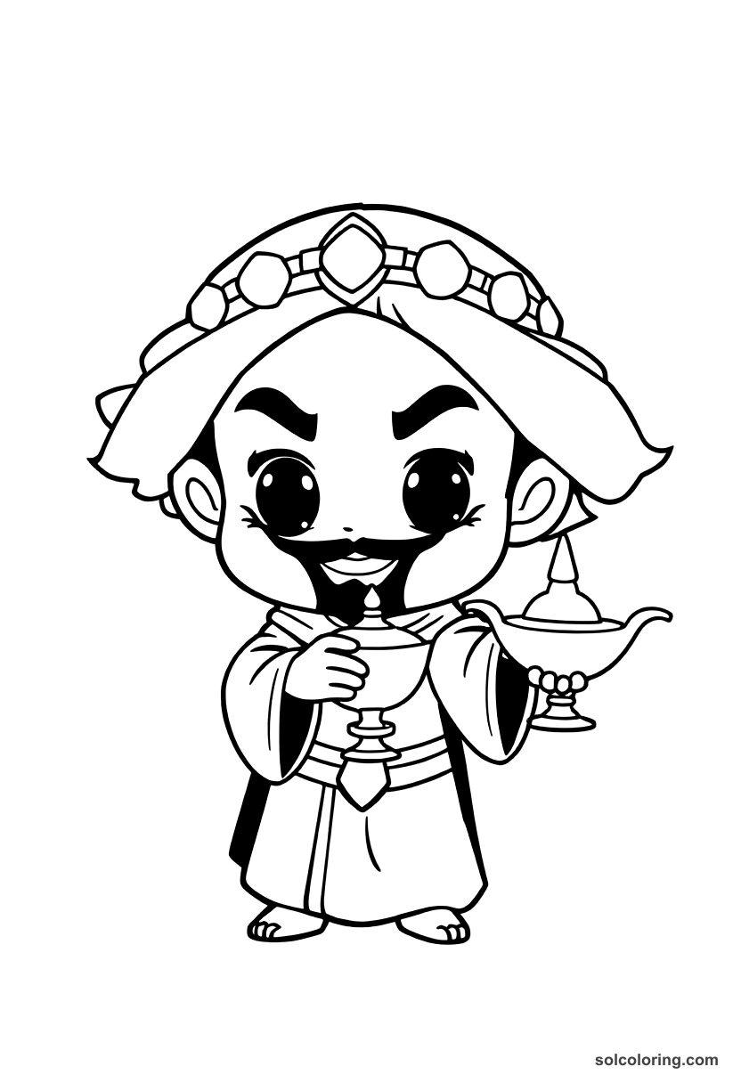 Chibi The evil sorcerer Jafar holding the magic lamp coloring page, free printable chibi style
