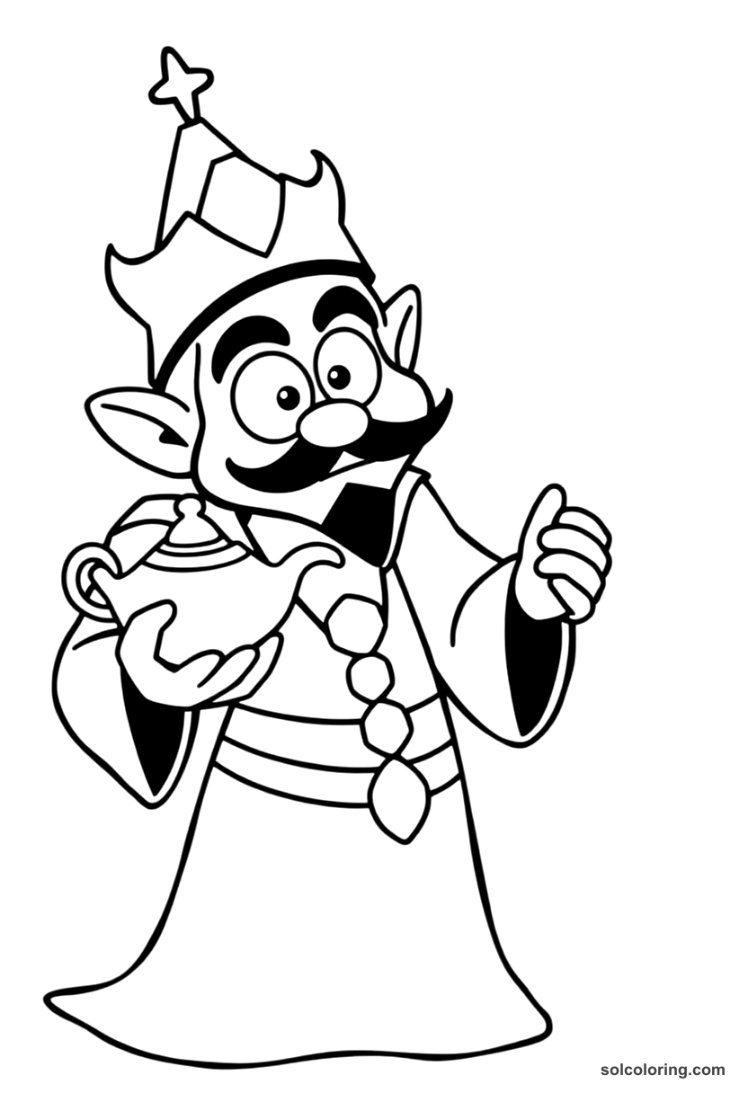 Cute Cartoon The evil sorcerer Jafar holding the magic lamp coloring page, free printable cute cartoon style