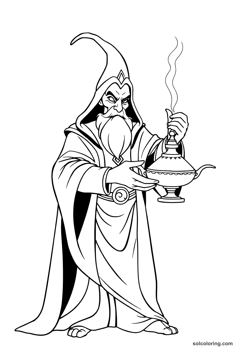 The evil sorcerer Jafar holding the magic lamp coloring page, free printable detailed style