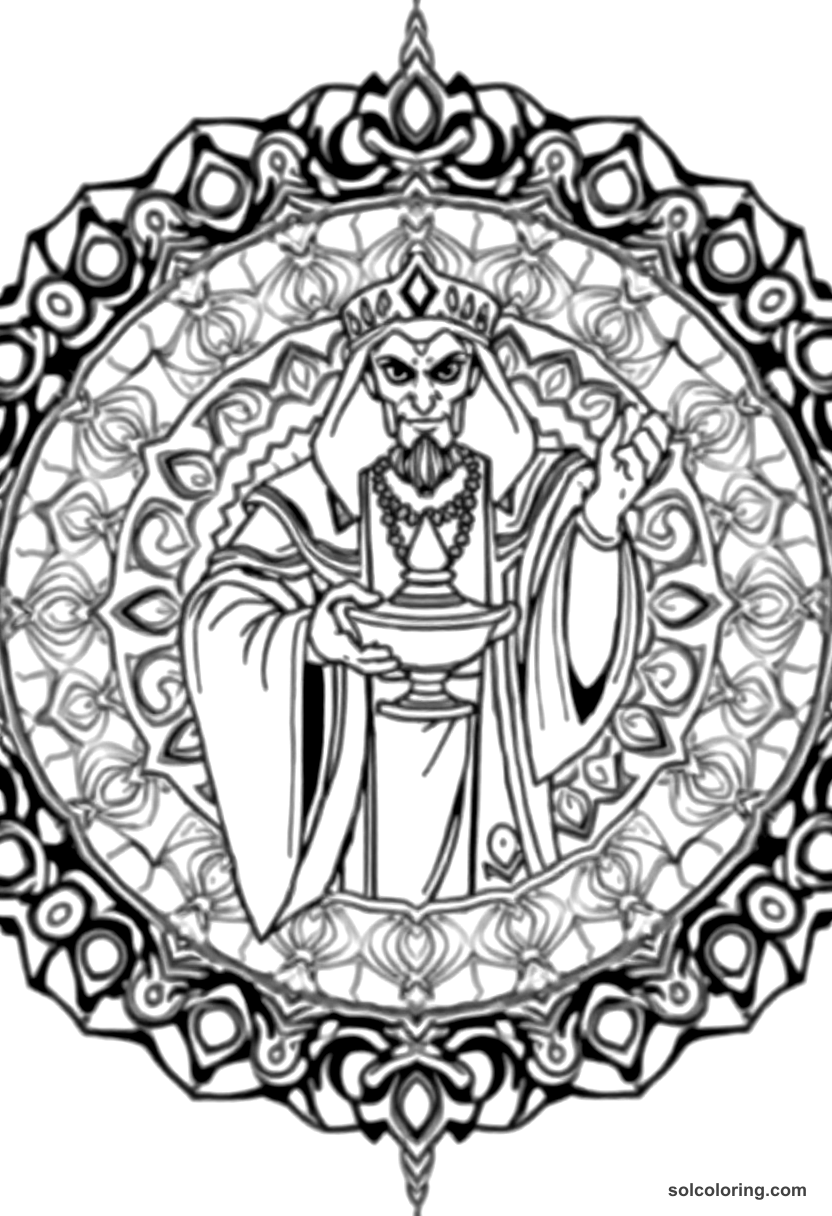 Mandala The evil sorcerer Jafar holding the magic lamp coloring page, free printable mandala style
