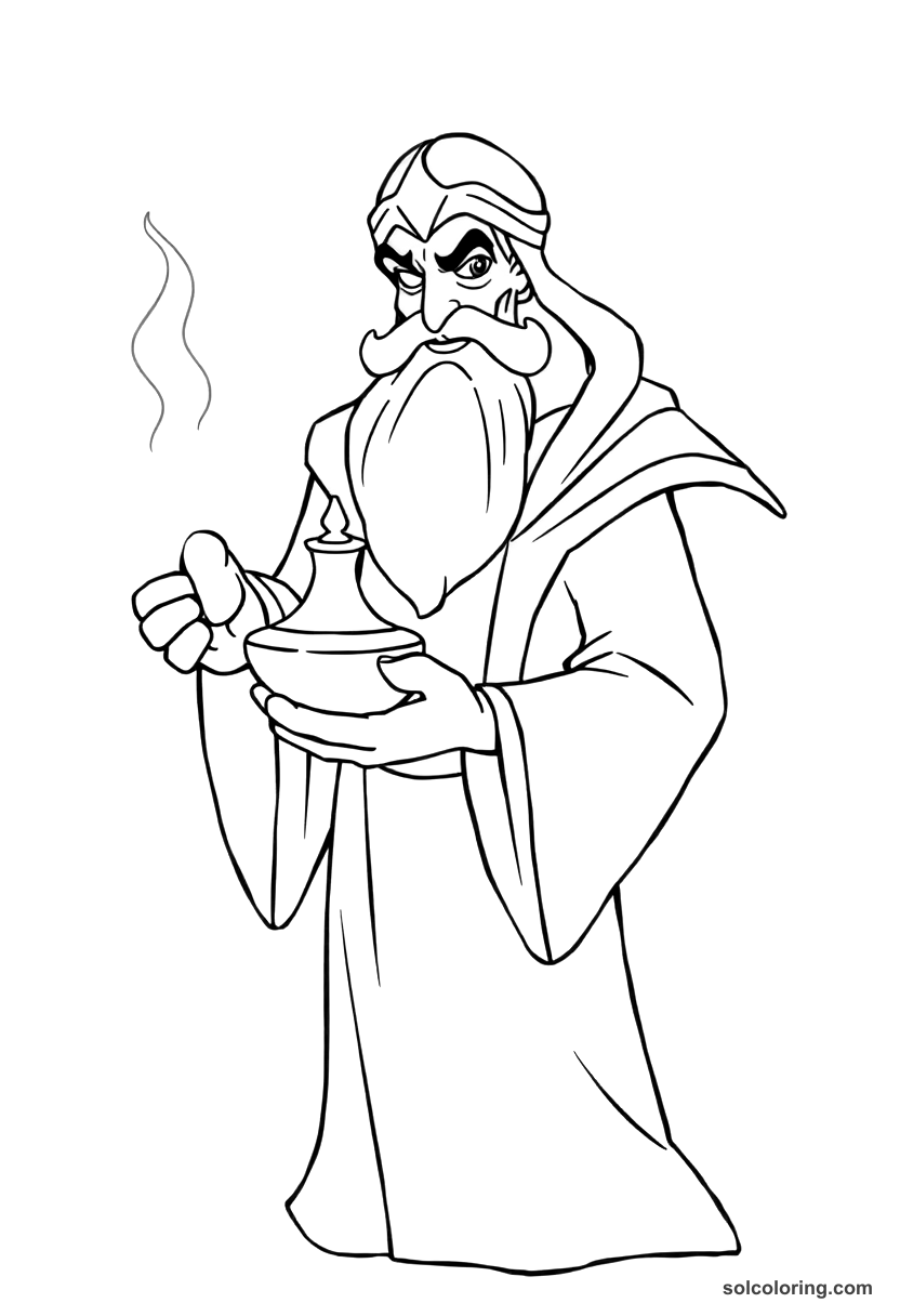 Simple The evil sorcerer Jafar holding the magic lamp coloring page, free printable simple style