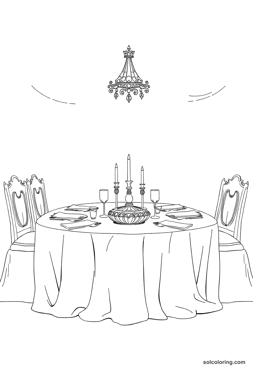 The feast table set by an invisible servant coloring page, free printable detailed style