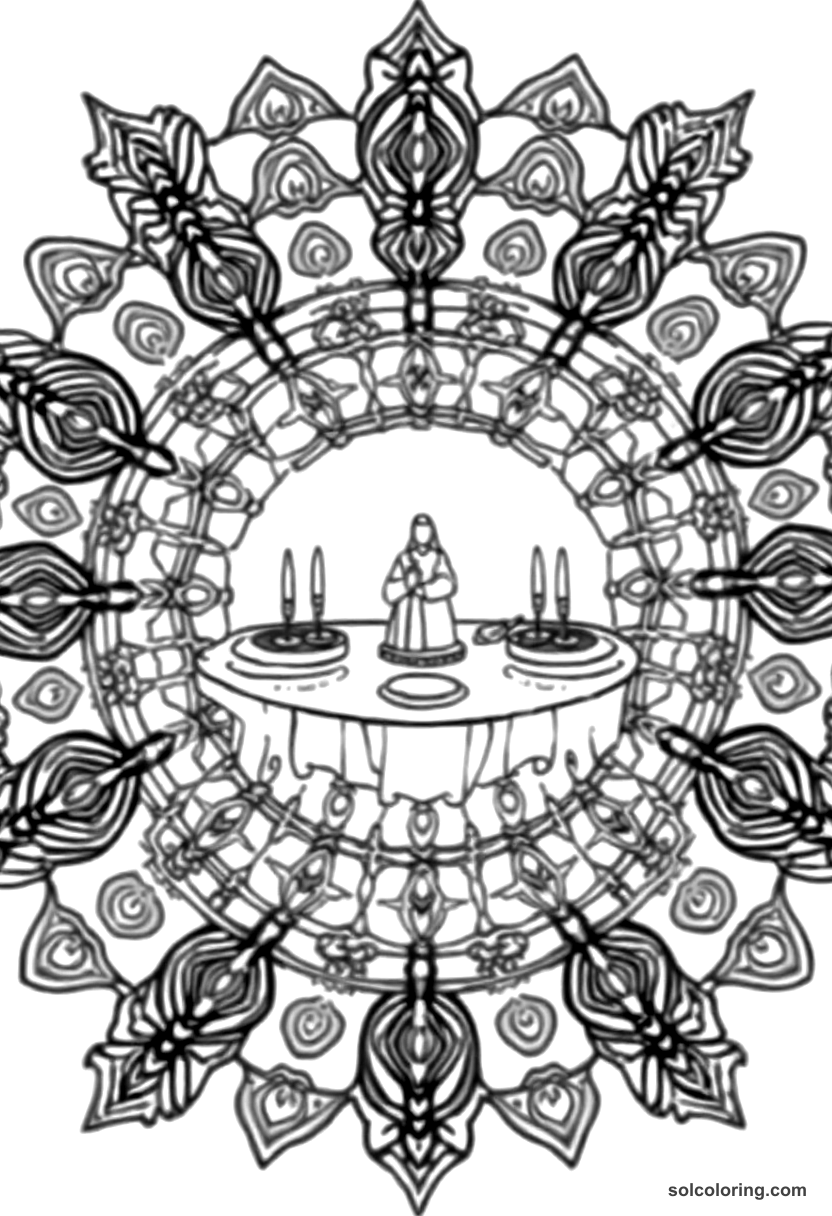 Mandala The feast table set by an invisible servant coloring page, free printable mandala style