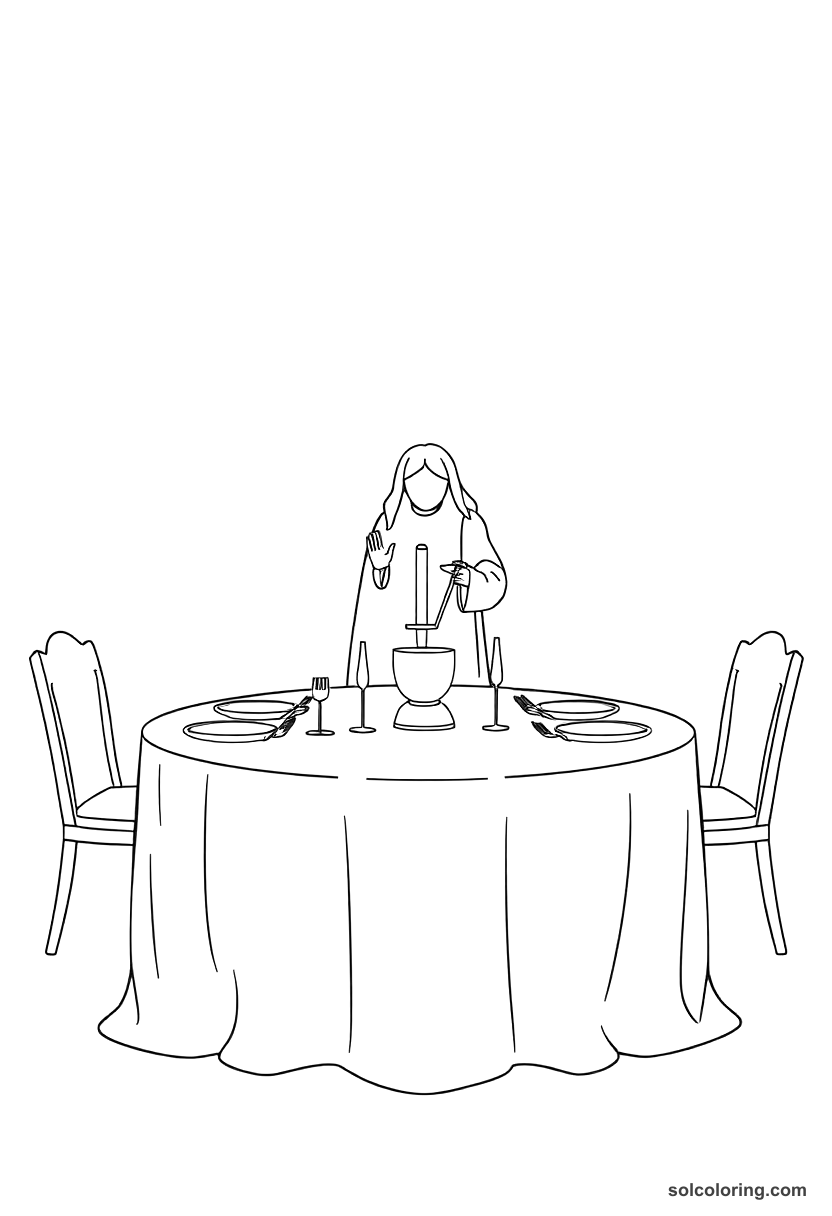 Simple The feast table set by an invisible servant coloring page, free printable simple style