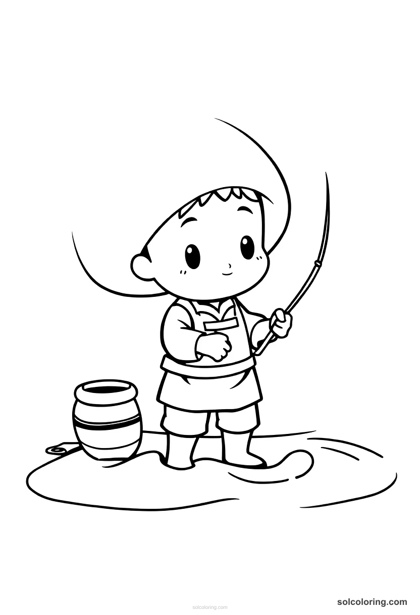 Chibi The fisherman casting his net into the sea chibi coloring page for kids
