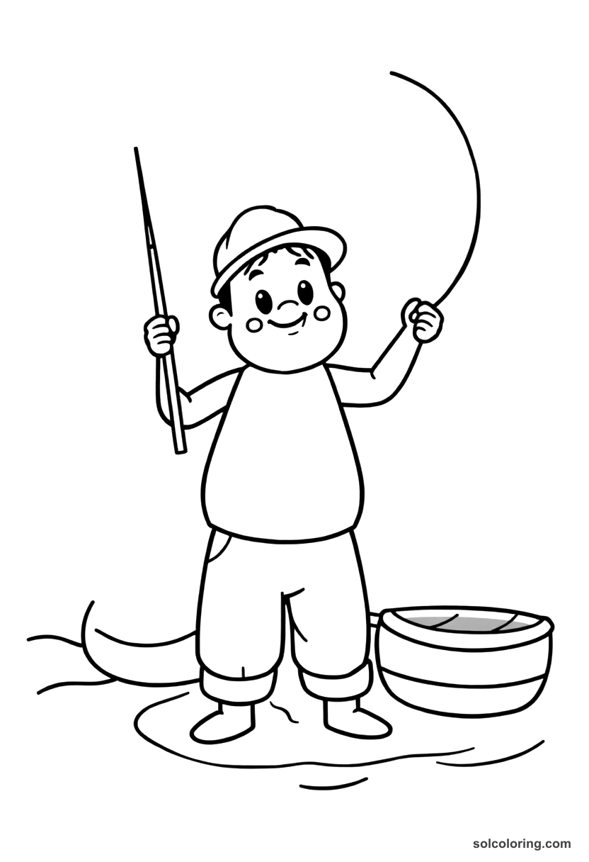 Cute Cartoon The fisherman casting his net into the sea coloring page, free printable cute cartoon style
