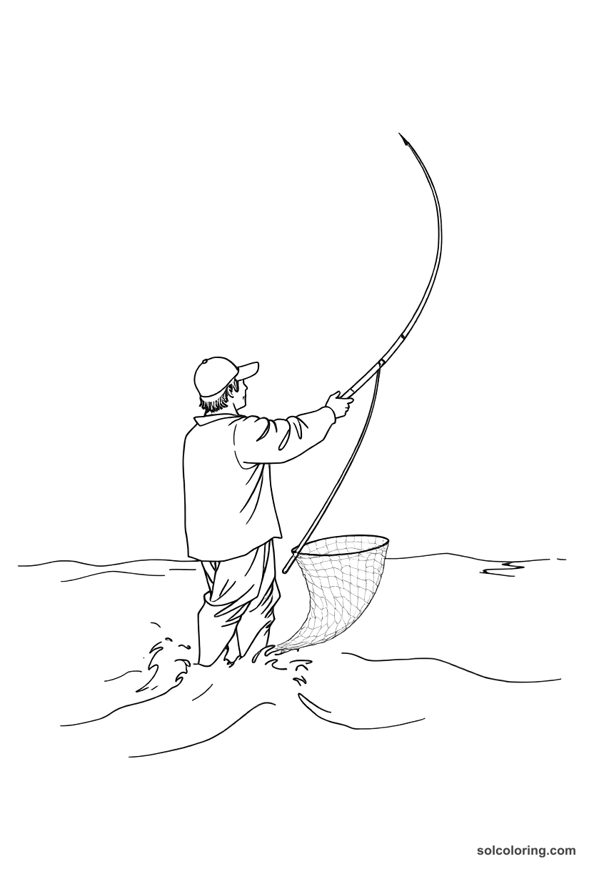 The fisherman casting his net into the sea coloring page, free printable detailed style