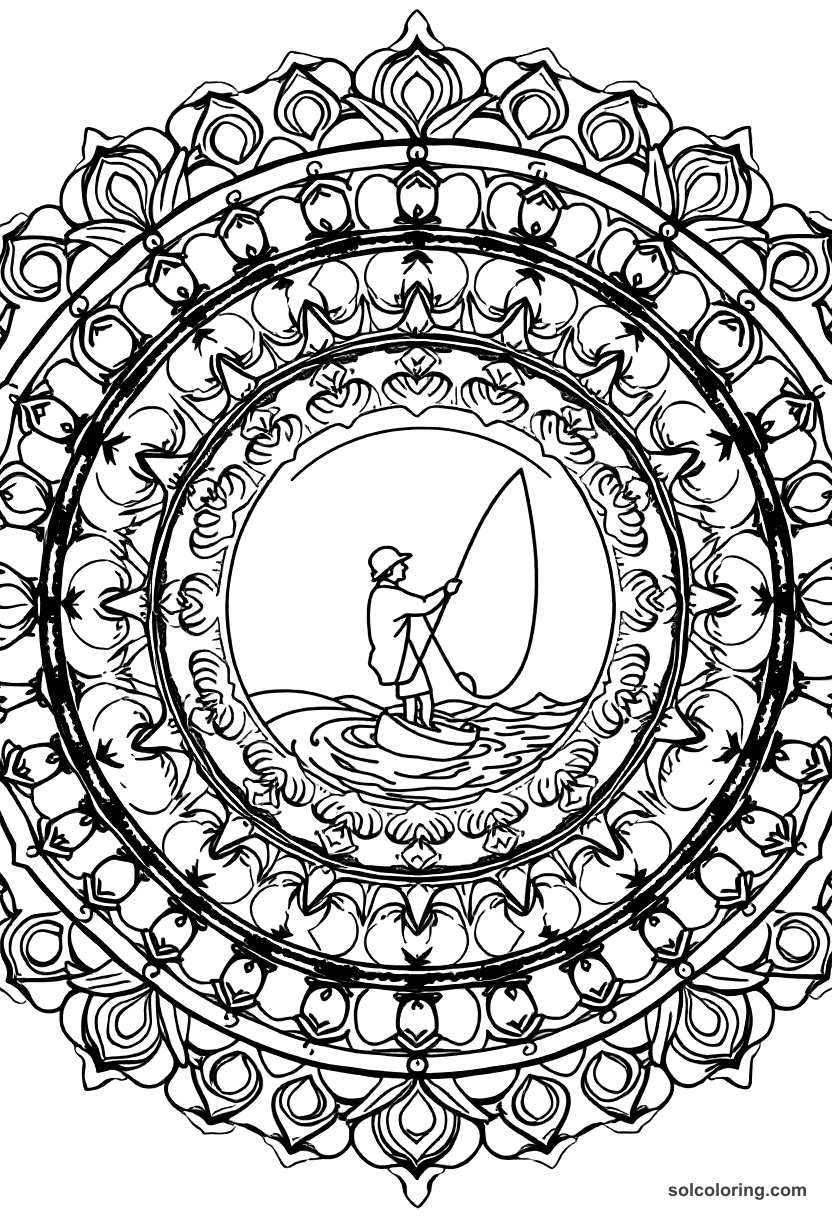 Mandala The fisherman casting his net into the sea coloring page, free printable mandala style