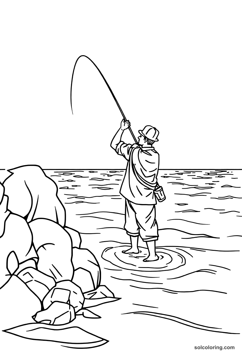 The Fisherman Casting His Net Into The Sea coloring pages
